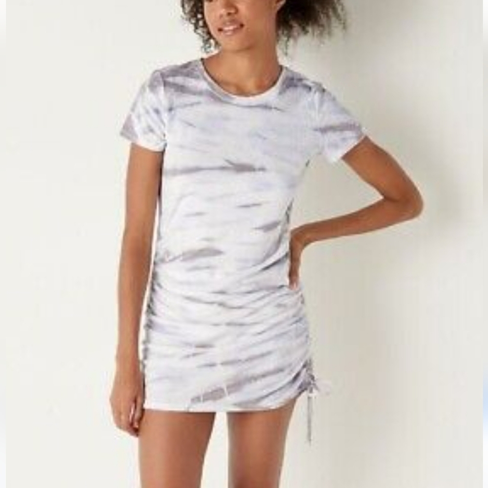 NWT PINK Beach Terry Ruched Side  Dress Fitted Towel Fabric Tie Dye White Gray